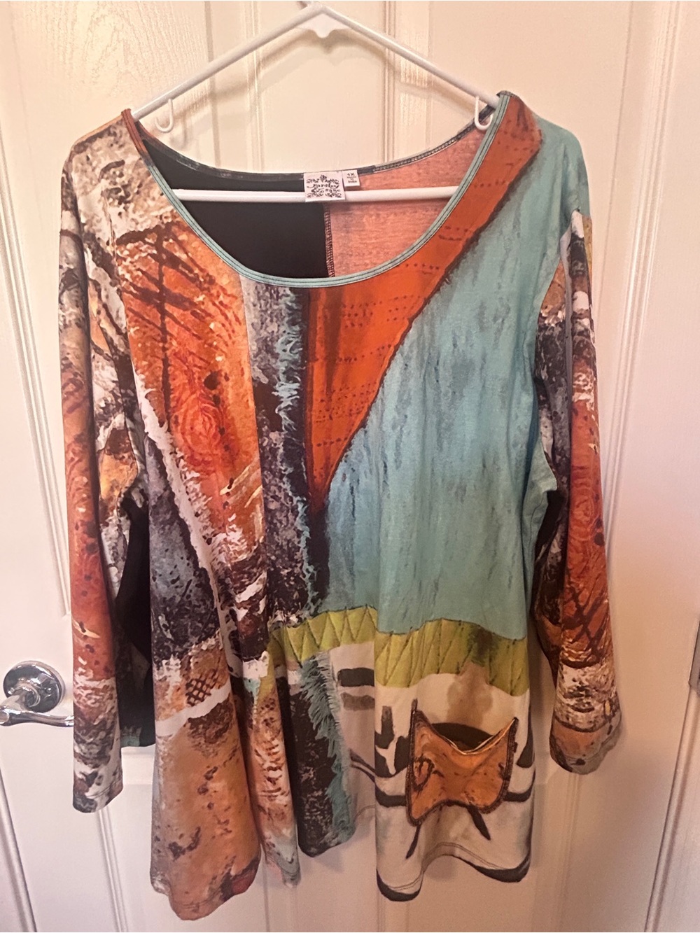 Parsley & Sage Multicolor Scoop Neck Tunic with Teal Trim 1X